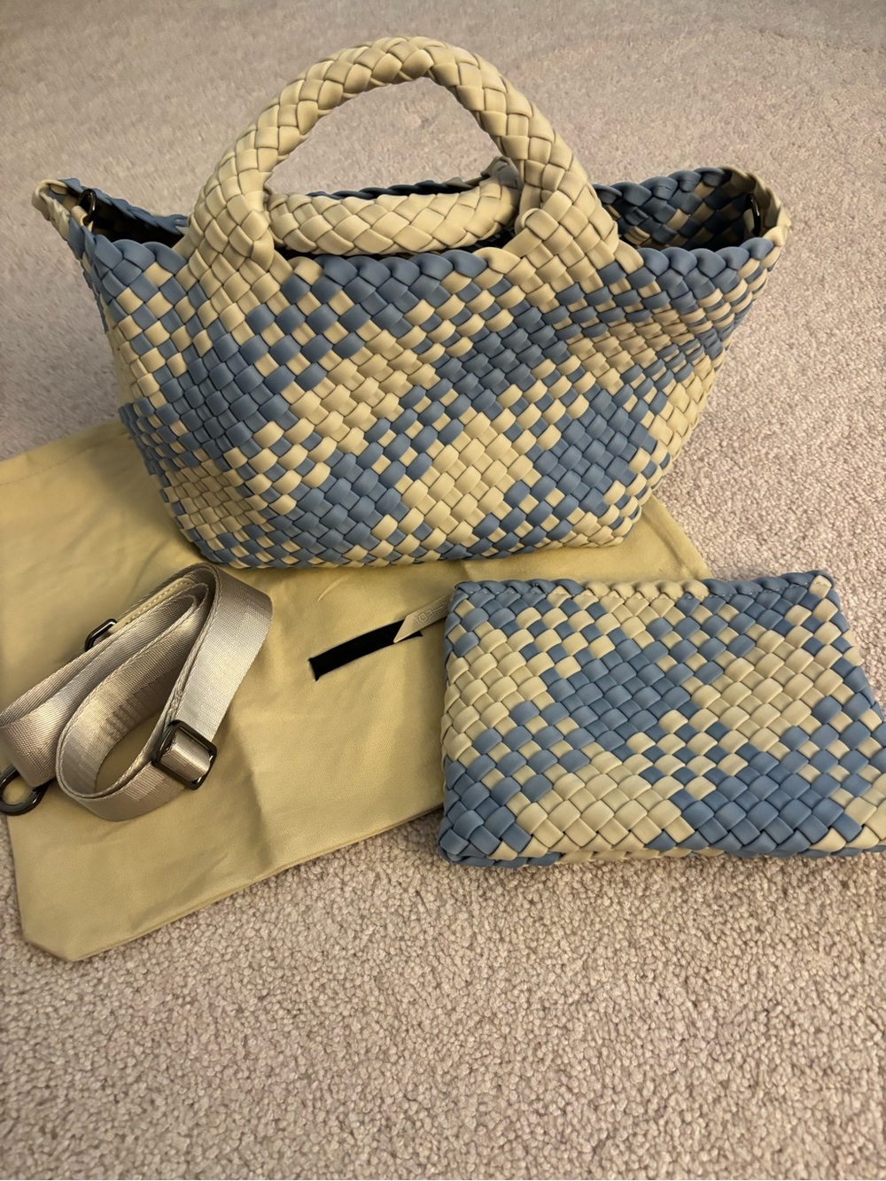 Naghedi Capri Woven Neoprene Tote with  Pouch in Blue & Cream